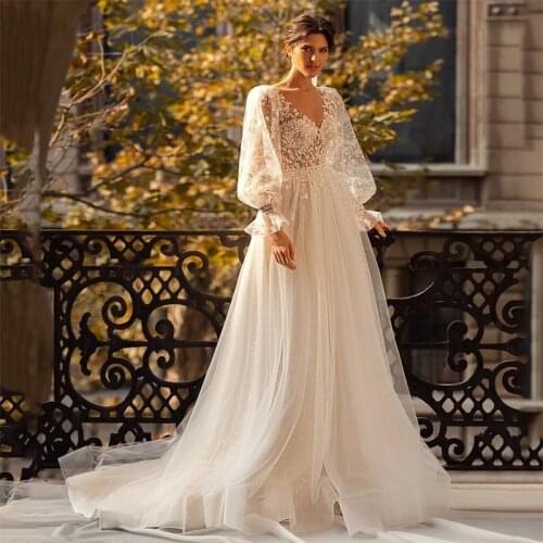 Vintage Long Puff Sleeves Wedding Dresses Lace Glitter V Neck Sparky Wedding Gowns A Line Boho Bride Dress Vestido De Noiva 2021