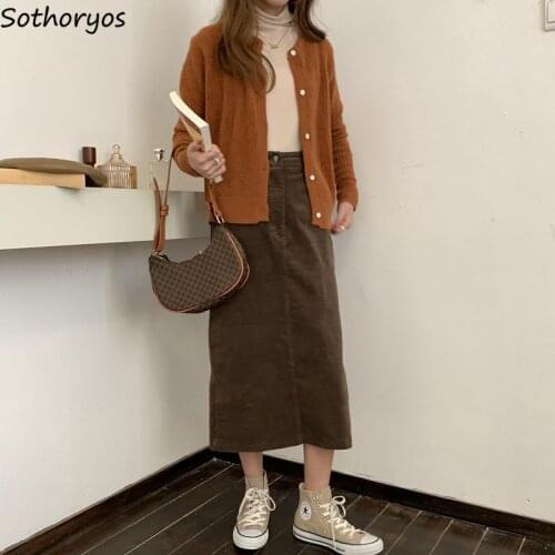 Women Skirts Autumn Simple Elastic Waist 2XL Corduroy Cozy Back-slit Elegant All-match Casual Daily Korean Trendy Ulzzang Retro