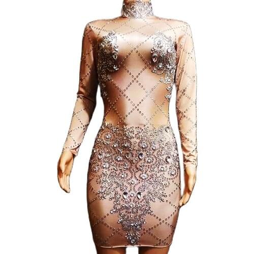 New Spandex Women Long Sleeve Dresses Shining Diamonds Backless Stretch Dresses Nightclub Stage Performance Costume