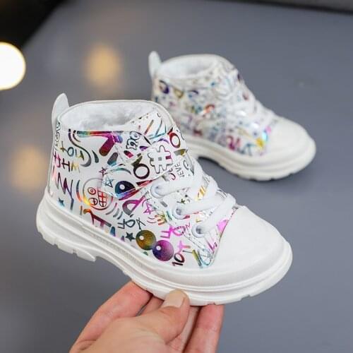 Winter Baby Shoes Girls Warm Plush Boots Fashion Printing Picture Children OUTWEAR 1-5 Years Size 21-30#Pink Black White