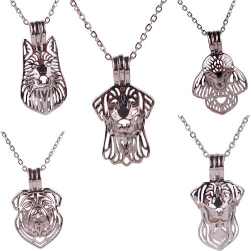 10pcs Copper cute dogs animals Beads Cage Essential Oil Diffuser Perfume Pearl Cage Locket necklace 45cm stainless steel chains