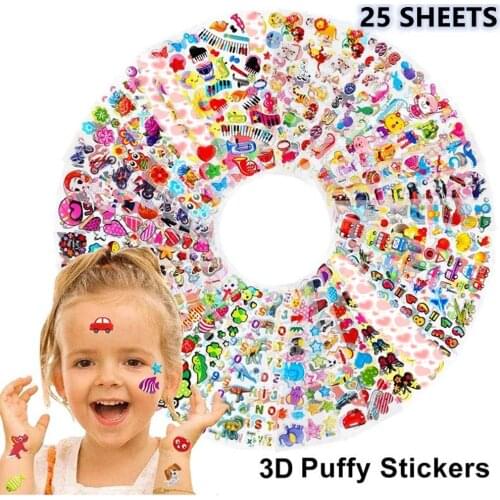 25 Sheets 3D Cartoon Stickers Waterproof Bubble PVC DIY Sticker Princess Car Girls Boys Kids Children Gifts