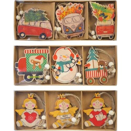 6/9Pack Xmas Decor Wooden Truck Car Angel Pendant Indoor Classroom New Year Navidad Decorations New Year Gift Christmas Ornament
