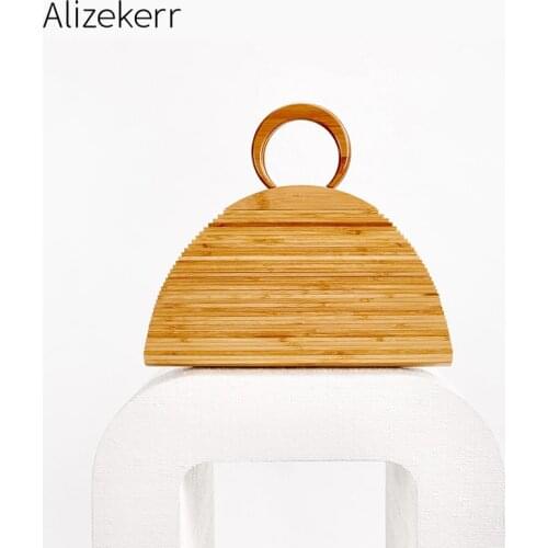 2020 New Summer Bamboo Beach Bag Women Vintage Wooden Ring Handle Half Moon Woven Handbag Ladies Retro Straw bag Casual Vacation