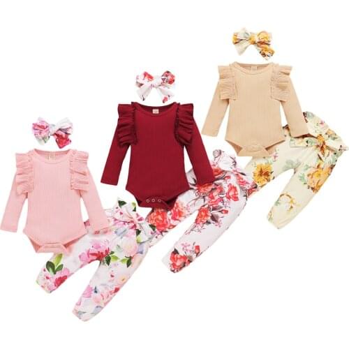 Newborn Baby Girls Autumn 3Pcs Set Solid Color Ruffled Long Sleeve Bodysuit+Floral Print Bow Long Pants+Headband