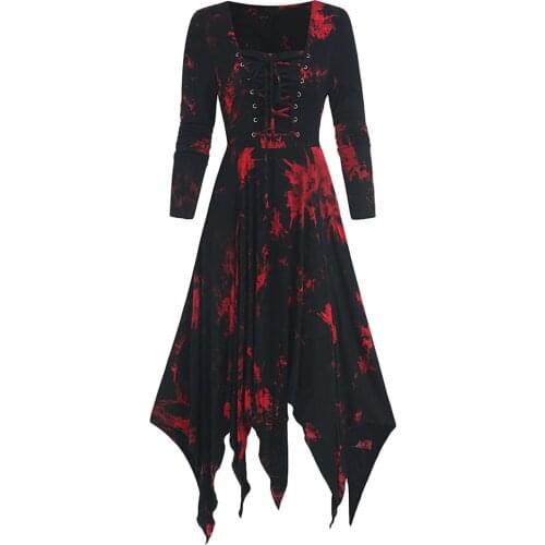 DAILOU Goth Dress Printed Long-sleeved Lace-up Dresses Tie-dyed Gothic Dress Spring Autumn Midi Dresses Irregular Punk Clothes