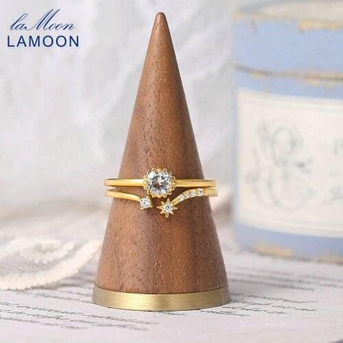 LAMOON 925 Silver Ring Set For Women Moon Star Natural Topaz Garnet 14K Gold Plated Fine Jewelry Adjustable Female Ring V087