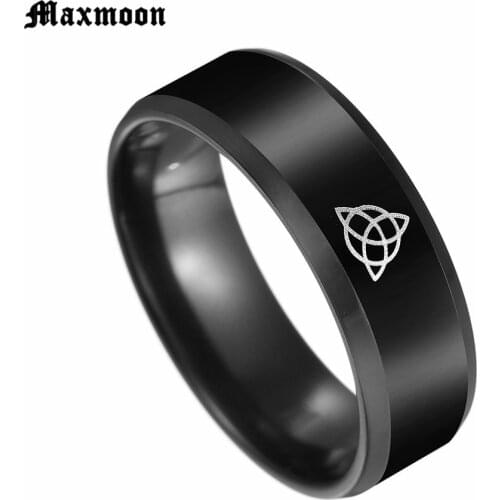 Maxmoon Black color Celtics Knot Magic Ring Stainless Steel Fenrir Irish Knot Signet Men Ring For Vikings Amulet Ring