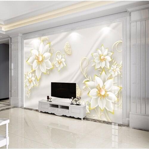 White flowers Mural Wallpaper 3D Stereo Relief Flowers Jewelry Photo Wall Painting Living Room TV Sofa Background Wall Paper