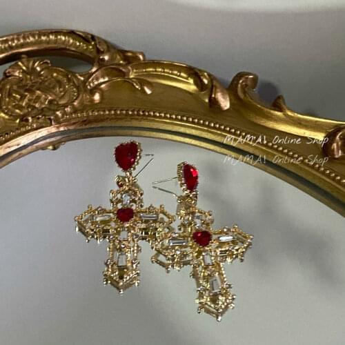 2021 New French Style Golden Rhinestone Cross Earring for Woman Red Heart Golden Crucifix Earring Eardrop Jewelry Wholesale