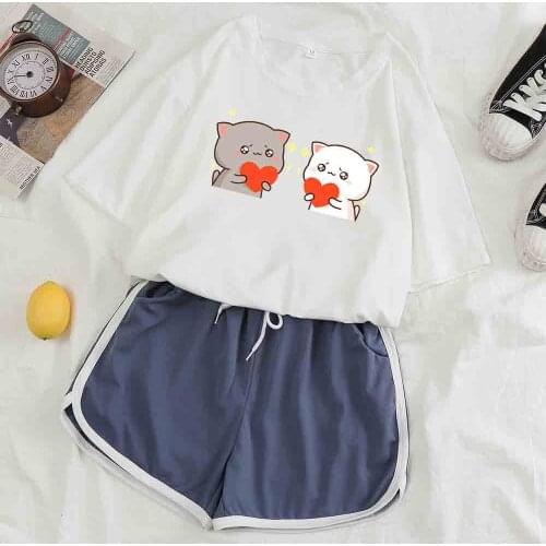 Pajamas for Women Summer Sleepwear Women Cute Short Sleeve T Shirts and Shorts Set Sweet Milk Bear Red Heart Sleepwear Set