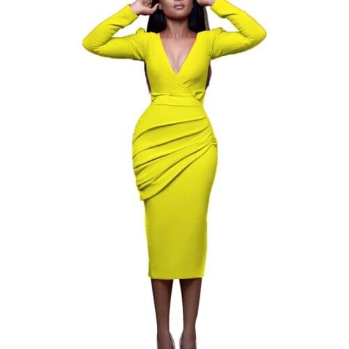 BAMBOOBOY Elegant Women V-neck Long Sleeve Draped High Waist Tunic Slim Pencil Sheath Work Party Mid Calf Black Dress ZL1234