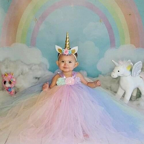 Unicorn Tutu Dress Girls Baby Girls Flower Wedding Birthday Party Dress with Headband Halloween Prom Pageant Costume Photo Props