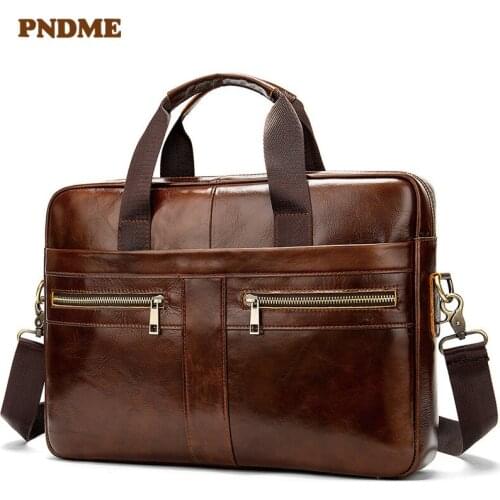 PNDME retro simple genuine leather mens briefcase casual soft top layer cowhide business office messenger bags brown laptop bag