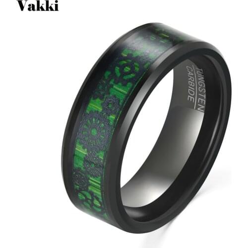 VAKKI 8mm Electric Black Inlaid with Green Carbon Fiber and Gear Pattern Tungsten Steel Ring Men Wedding Jewellery