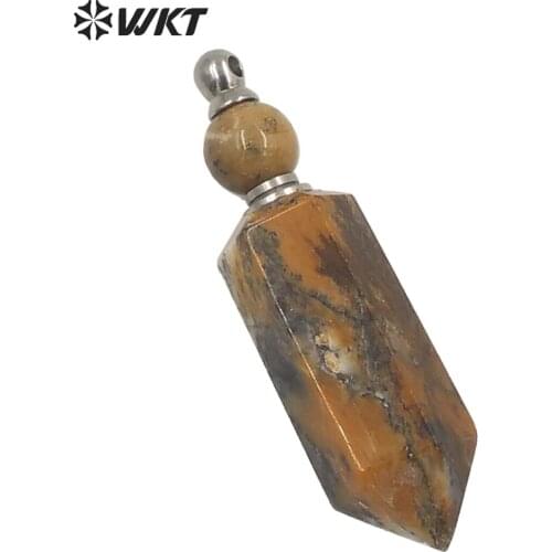 WT-P1631 Unique hexagona shape Moss Agates stone perfume bottle pendant long spirit point brown color stone bottle as pendant
