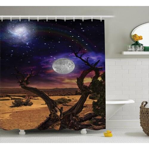 Galaxy Shower Curtain Fantasy Theme Stars Moon and Stardust Nebula in The Desert Nights with Tree Bath Curtains For Bathroom