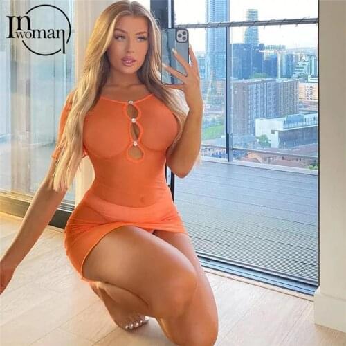 INWOMEN Autumn Sexy Solid Dresses For Women 2021 O Neck Short Sleeve Bodycon Dress Female Hollow Out Clubwear Party Mini Dress