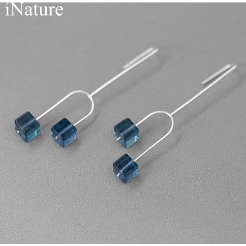 INATURE 925 Sterling Silver Natural Fluorite Stone Drop Earrings for Women Fashion Geometric Jewelry Accessories