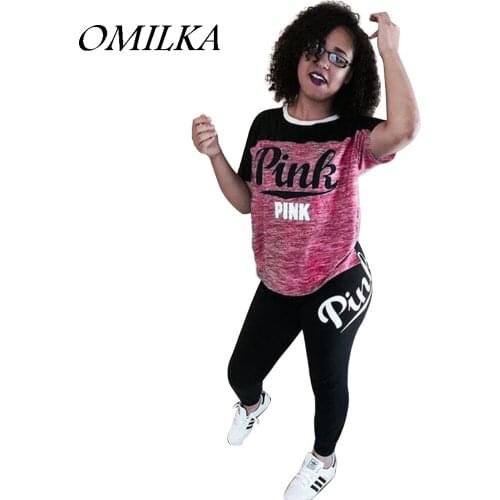 OMILKA 2018 Summer Women Short Sleeve O Neck Pink Printed 2 Piece Set T Shirt and Long Pant Set Casual Club Party Clothing Set