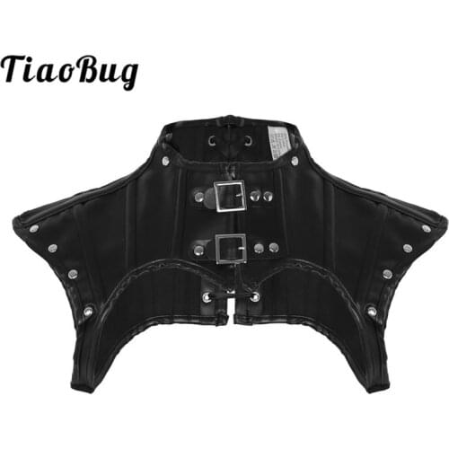 TiaoBug Women Black PU Leather Lace up Chest Harness Shirt with Buckles Sexy Bondage Punk Gothic Rave Costume Crop Top Club Wear