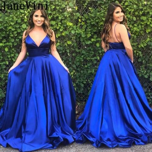 JaneVini Sexy Backless Royal Blue Prom Dresses 2019 Long V-Neck Spaghetti Straps Gala Dress Women Satin Evening Ceremony Gowns