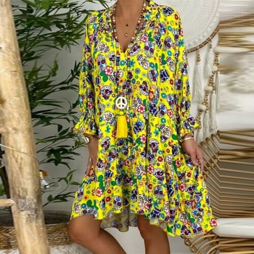Harajuku Vintage Ruffles Floral Print Mini Dress Women Loose V-Neck Long Sleeve Holiday Beach Dresses Summer Casual Dresses