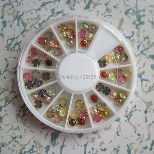 12wheels/lot OD-131 Free Shipping 3D Gold Outside Colorful Pearl Decoration in wheel Shiny Nail Decoration