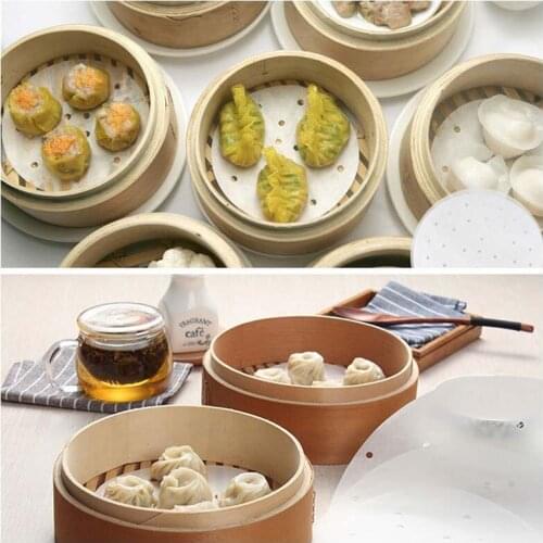 50 PCS Perforated Parchment Round Steamer Paper Liners Suitable for Air Fryer Cooking Steaming Basket Vegetables Dim Sum Rice