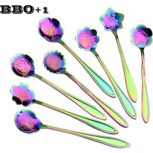 8pcs Flower Teaspoon Stainless Steel Coffee Stirring Spoon Tea Coffee Tableware Flower Cherry blossom Sunflower Dessert spoon