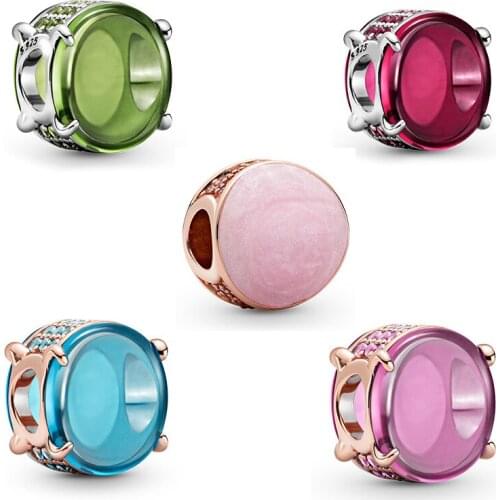 Free Shipping Authentic 925 Sterling Silver Blue Pink Oval Cabochon Charm Fit Original Pandora Bracelet For Women DIY Jewelry