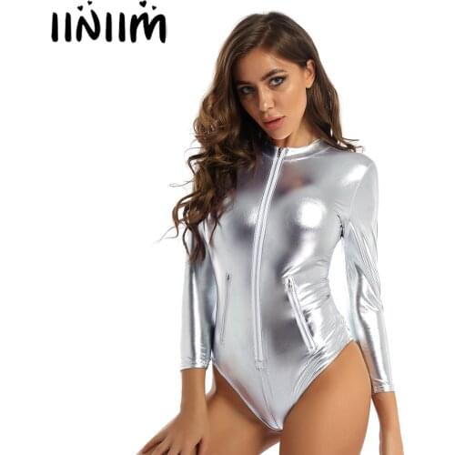 Womens Fashion Wet Look Bodysuits Moto Patent Leather Costumes Zipper Bodysuit Stand Collar Long Sleeve Leotard Catsuit Clubwear
