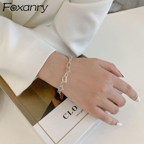 Foxanry 925 Sterling Silver Bracelets for Women New Trendy Elegant Vintage Hip Hop Simple Hollow Geometric Chain Party Jewelry