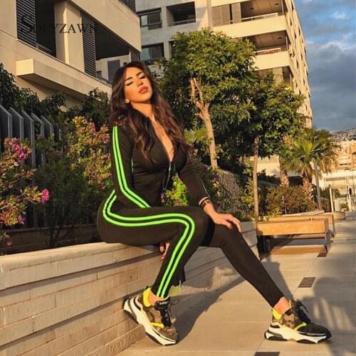 Black Sexy Bodycon Side Striped Jumpsuit Women 2020 New Fitness One Piece Romper Long Sleeve Zipper Elastic Bodysuit Body Mujer