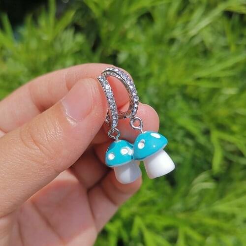 Korean Cute Design Mushroom Pendant Earrings Shiney Zircon Sweet Chic Resin Mushroom Hoop Earrings For Women Girls Jewelry Gift