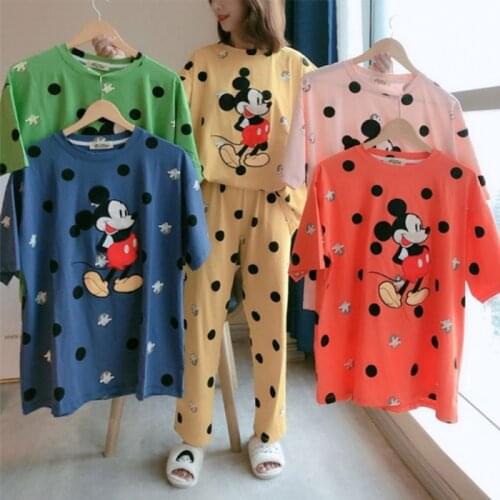 Disney Mickey Dot Summer Milk Silk Mickey Mouse Pajamas Womens Short Sleeve Trousers Cartoon Mickey Ms. Loose Home Service