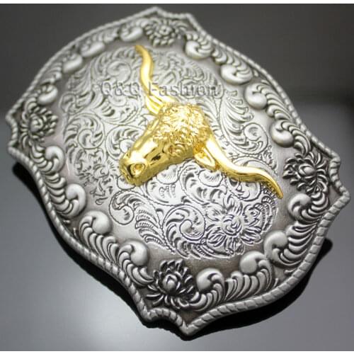 Western Vintage Silver Plated Engraved Gold Horn Bull Belt Cinto Buckle Men Jewelry OX Head Rodeo Cowboy Leather Tactical