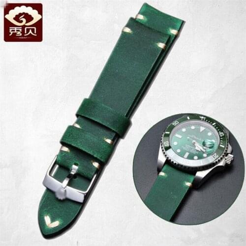 New Green Genuine Leather Watchband 20mm Handmade Curved end Crazy horse Leather Strap Pin Buckle For Deepsea Daytona Watch