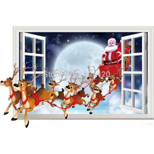 Merry Christmas Santa Claus fake 3d window vinyl wall stickers for home shop decoration Festival poster Xmas wallpaper 70*50cm