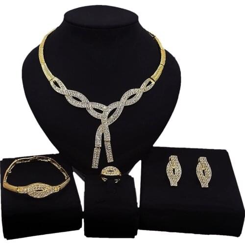 Yulaili Trendy Women Bridal Jewelry Sets Wedding Crystal Choker Necklace Stud Earrings Charms Bracelets Rings Jewelery Set