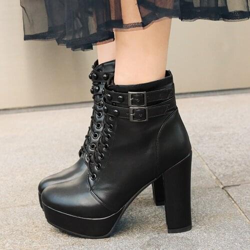 Women Ankle Boots Platform Lace Up High Heel Short Women Boots Buckle Brown Black Round Toe Sexy Ladies Shoes Large Size 48