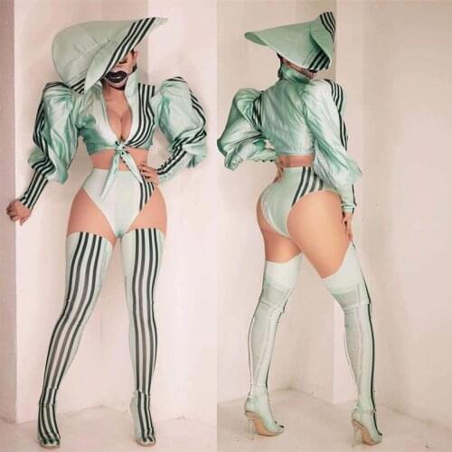 New Women Jazz Dance Costume Sexy Stripes Short Tops Shorts Hat Outfit Set Nightclub Party Singer Dancer Performance Stage Wear