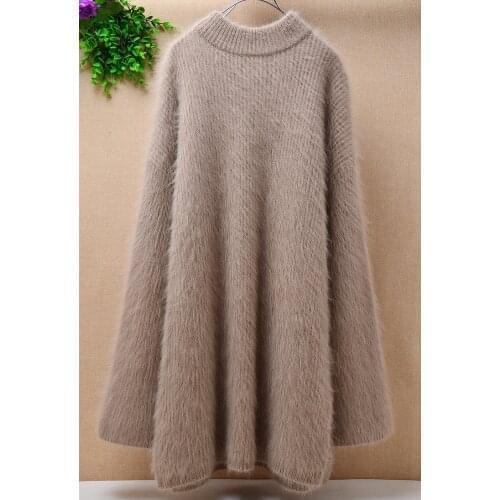 1 Top mujer femme thicken fashion loose angora rabbit fur knitted long flare sleeves pullover sweater mink cashmere dress winter