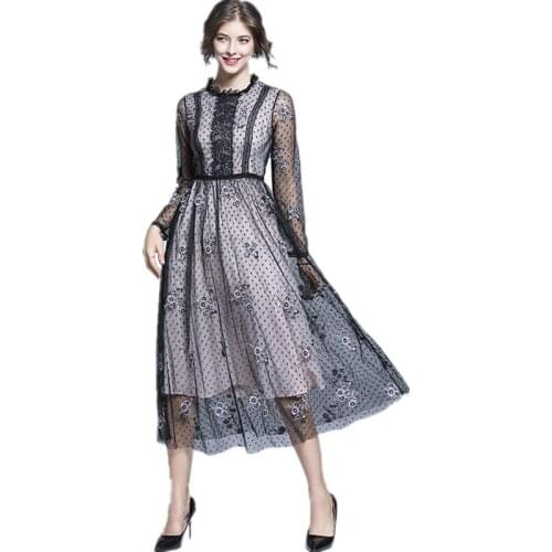 2020 New Spring Autumn Women Dress High Quality Lace Patchwork Mesh Flowers Embroidery Dots Pattern Runway Long Dress