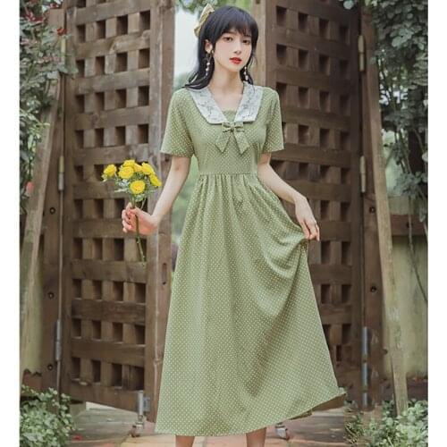 Mori Fashion Lace Lapel Neck Robe Femme Bow Cute Dress White Polka Dot Gentle Green French Retro Dresses Summer