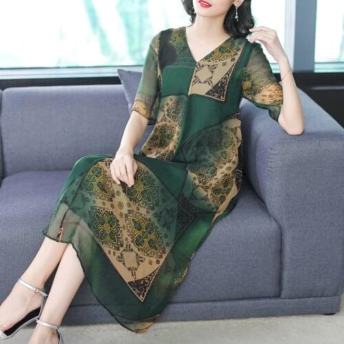 2021 Casual Vintage 3XL Plus Size Beach Midi Dress Summer Green Print Mulberry Silk Dress Women Elegant Bodycon Party Vestidos
