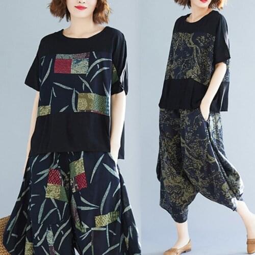 #0810 Summer Outfits For Women Vintage Cotton Linen T Shirt And Wide Leg Pants Women Printed Two Piece Sets Plus Size Loose Tide