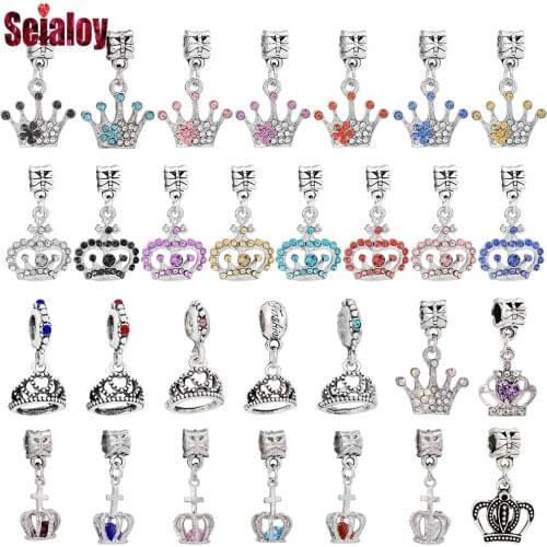 Seialoy 1pcs Multicolor Zircon Crown Charm Pendant Shiny Crystal Crown Hat Dangle Beads Fit Couple Bracelets Jewelry Accessories