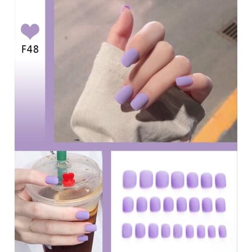 24PCS Matte Purple False Nail Patches Wearable Simply Short Square Full Cover Fake Nails DIY Nail Art Decoration For Manicures