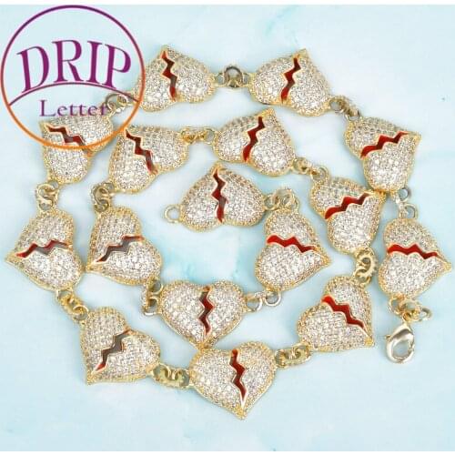 Gold Color Iced Broken Heart Necklace Mens Women Hip Hop Bling Cubic Zircon Chain Jewelry